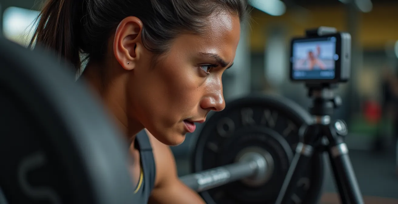 Kraftsportler analysiert seine Bewegungstechnik mit Smartphone, um seine Form bei schweren Lifts zu perfektionieren.