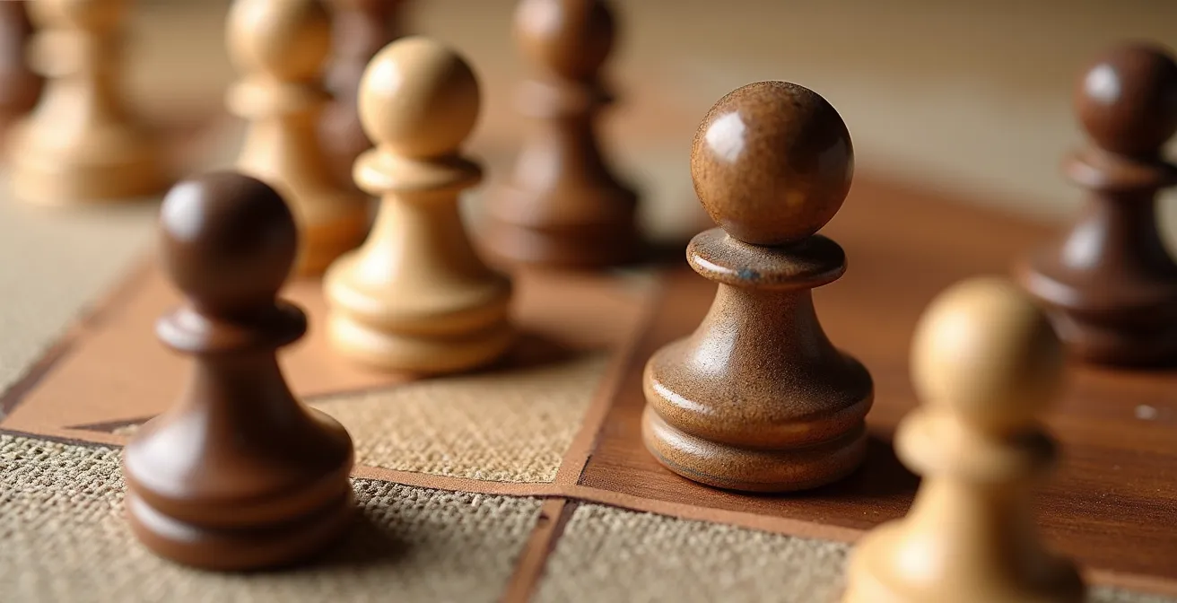 Makroaufnahme von Spielfiguren in verschiedenen Gruppierungen auf Brettspielbrett