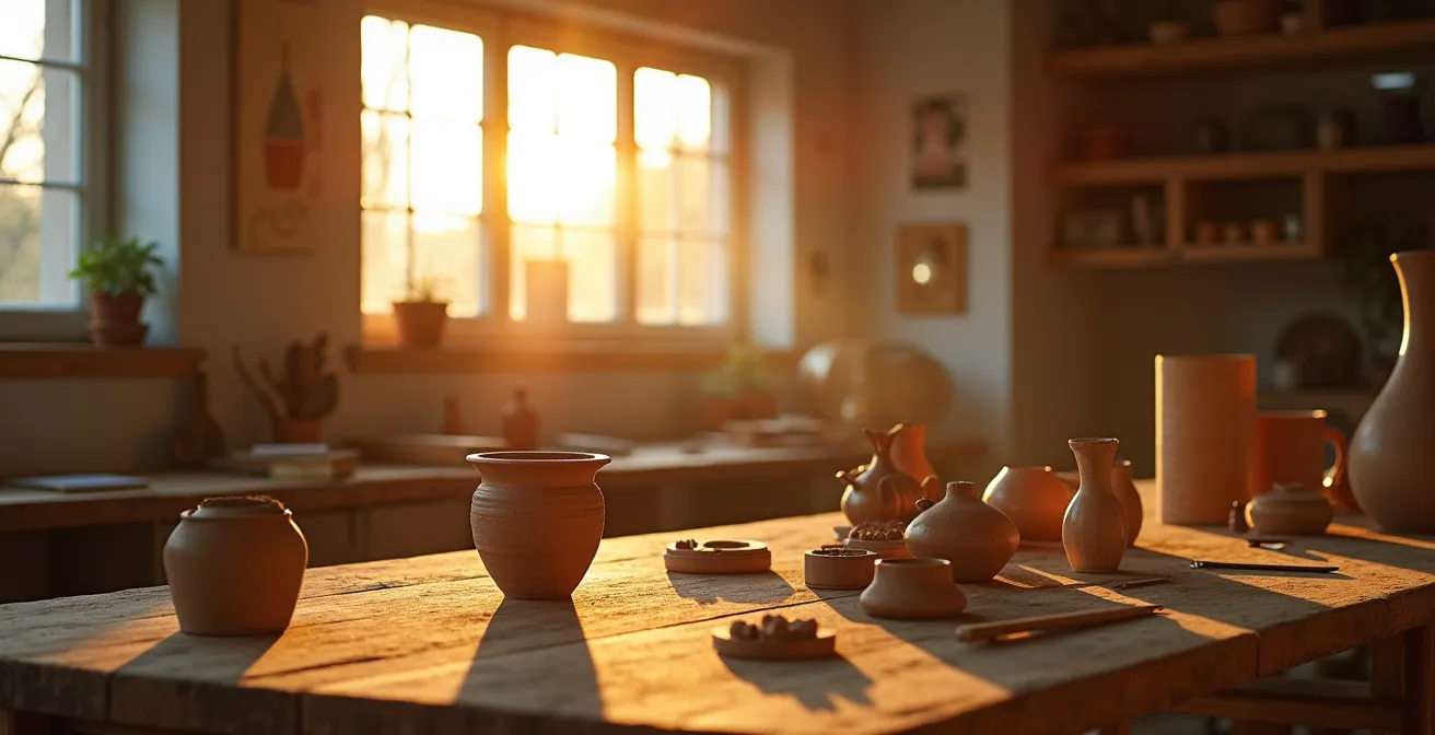 Weitwinkelaufnahme einer ruhigen Werkstatt mit unfertigen Projekten im warmen Abendlicht