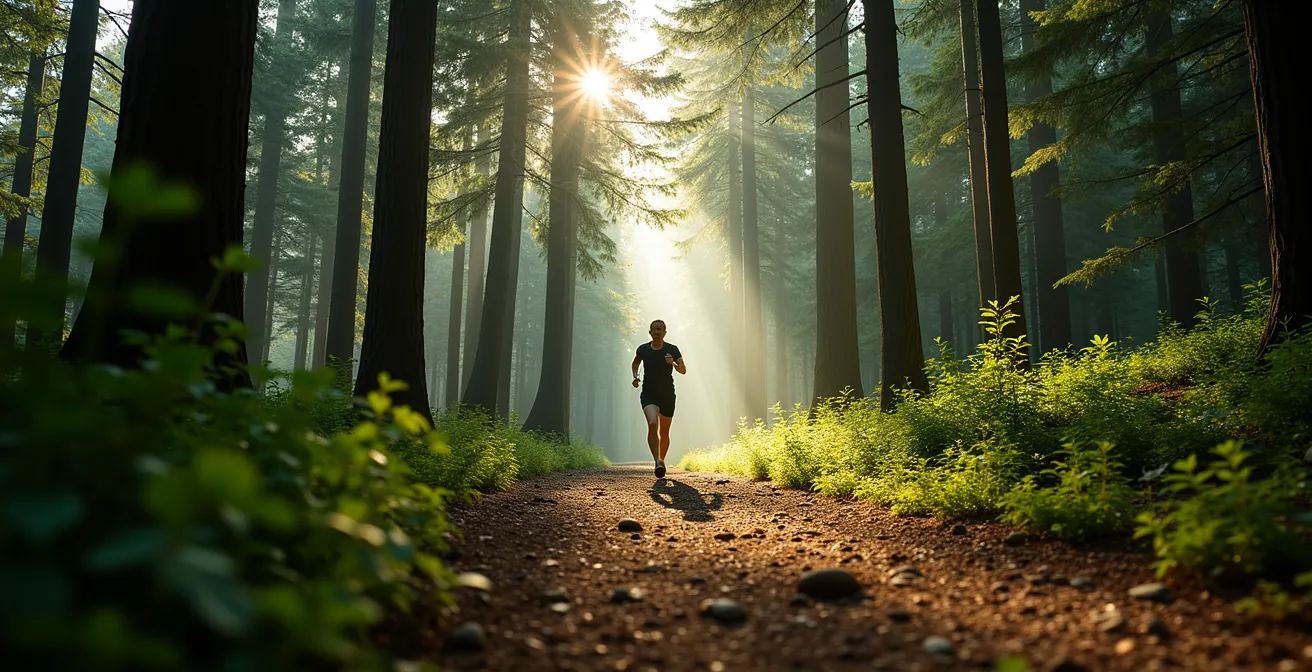 Weitwinkelaufnahme eines Läufers auf einem Waldweg ohne technische Geräte