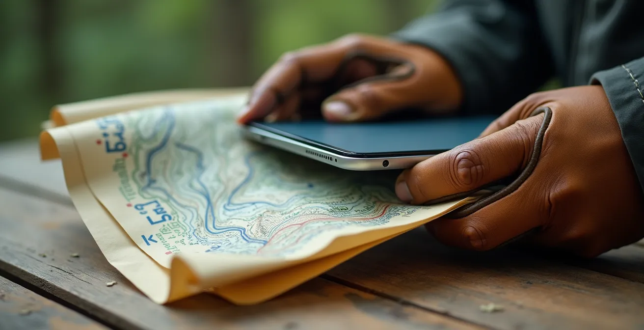 Detailaufnahme von Händen mit GPS-Gerät und topografischer Karte bei der Orientierung