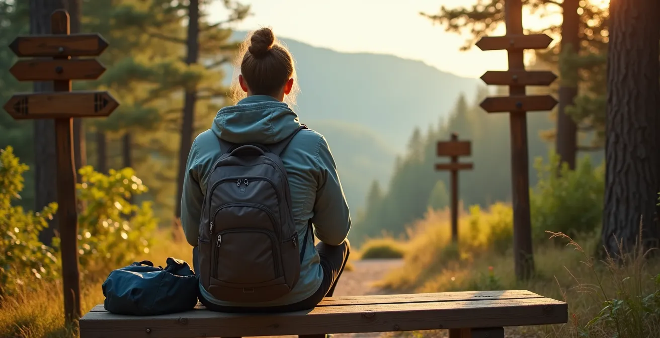 Wanderer auf einem gut ausgeschilderten Qualitätswanderweg in deutschem Mittelgebirge