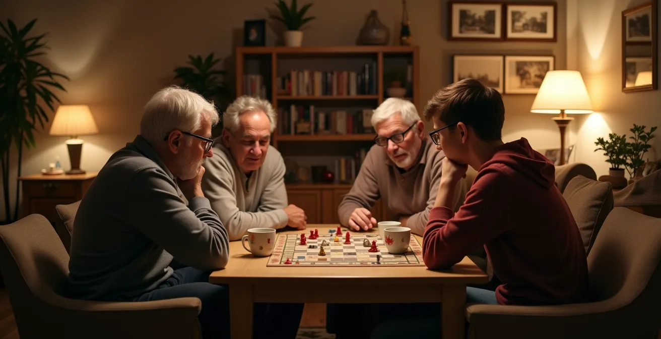 Multigenerationale Familie beim gemeinsamen Spielabend im gemütlichen Wohnzimmer