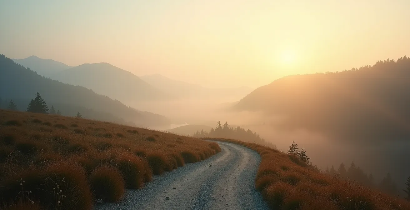 Weite Landschaftsaufnahme eines einsamen Wanderwegs im deutschen Mittelgebirge bei Sonnenaufgang